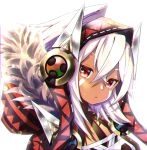  1girl absurdres azur_lane bodypaint breasts closed_mouth dark_skin facepaint facial_mark hair_between_eyes highres long_hair looking_at_viewer minneapolis_(azur_lane) native_american ponytail poppypilf red_eyes simple_background solo white_background white_hair 