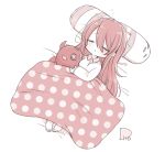  1girl bangs barefoot blanket blush chibi closed_eyes debi_tarou flip_(diiolive) hair_between_eyes idolmaster idolmaster_shiny_colors long_hair monochrome oosaki_tenka open_mouth pillow pink_theme signature sleeping solo stuffed_toy white_background 