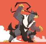  borkthunder claws clenched_teeth commentary creature english_commentary fighting_stance full_body highres legendary_pokemon no_humans orange_background pokemon pokemon_(creature) signature simple_background solo standing teeth urshifu urshifu_(single) 