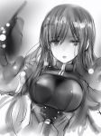  1girl breasts copyright_request covered_nipples dutch_angle eyebrows_visible_through_hair grey_background greyscale hair_between_eyes highres large_breasts long_hair looking_at_viewer monochrome nanashi_(nlo74593630) parted_lips solo upper_body 