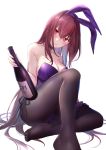  1girl animal_ears bottle breasts bunny_girl bunnysuit fake_animal_ears fate/grand_order fate_(series) hair_intakes hibanan222 highres large_breasts leg_garter leotard long_hair pantyhose purple_hair rabbit_ears red_eyes scathach_(fate)_(all) scathach_(fate/grand_order) sitting smile solo strapless strapless_leotard tail wine_bottle wrist_cuffs 