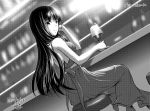  1girl artist_name backless_dress backless_outfit bangs bar closed_mouth commentary cup dated dress drinking_glass dutch_angle formal girls_und_panzer greyscale hairanworkshop halftone highres holding holding_cup indoors long_dress long_hair looking_at_viewer looking_back mature monochrome nishizumi_shiho sign sitting smile solo sparkle stool straight_hair twitter_username wine_glass 
