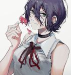  1girl arm_up bare_arms bare_shoulders black_choker black_hair blush chainsaw_man choker collared_shirt flower green_eyes hair_between_eyes hair_bun holding holding_flower light_smile looking_at_viewer looking_to_the_side medium_hair petals red_ribbon reze_(chainsaw_man) ribbon shirt short_hair simple_background sleeveless smile solo suechiee upper_body white_background white_shirt 