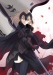  1girl armor armored_dress bangs banner breasts cape cherry_blossoms fate/apocrypha fate/grand_order fate_(series) fur-trimmed_cape fur_collar fur_trim gauntlets headpiece highres jeanne_d&#039;arc_(alter)_(fate) jeanne_d&#039;arc_(fate)_(all) large_breasts pink_background short_hair silver_hair solo sword thigh-highs tsurime user_vfds7445 weapon yellow_eyes 