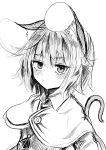  1girl animal_ear_fluff animal_ears bangs capelet closed_mouth ginger_ale_(syouga_6383) greyscale highres jewelry looking_at_viewer monochrome mouse_ears mouse_tail nazrin pendant short_hair simple_background solo tail touhou upper_body 
