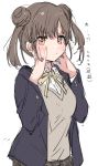  1girl bangs black_jacket blush breasts brown_eyes brown_hair cardigan closed_mouth double_bun hands_on_own_face idolmaster idolmaster_shiny_colors jacket large_breasts looking_at_viewer ribbon school_uniform short_twintails shotan sketch solo sonoda_chiyoko twintails yellow_neckwear yellow_ribbon 