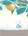  ayu_(mog) blue_bow blue_dress blush bow branch climbing dress english_commentary food from_side fruit grass leaf mixed-language_commentary mouse no_humans orange original signature 