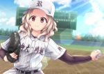  1girl angry baseball baseball_cap baseball_jersey baseball_mitt baseball_stadium baseball_uniform bodysuit_under_clothes clenched_teeth cowboy_shot forehead grimace hat highres lens_flare light_brown_hair long_hair oono_ayumi outdoors red_eyes solo sportswear sun_glare tamayomi teeth throwing v-shaped_eyebrows wavy_hair yupi828 