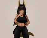  1girl animal_ears anput_(nsfwolf) bangs black_hair blonde_hair blunt_bangs blunt_ends dark_skin goddess grey_background hand_on_hip hand_on_own_chin highres hime_cut jackal_ears long_hair looking_at_viewer nsfwolf one_eye_closed original pants simple_background solo sports_bra tail yoga_pants 