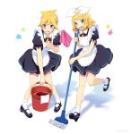  1boy 1girl apron bangs black_dress black_footwear blonde_hair blue_eyes blush bow broom bucket commentary dress duster embarrassed frilled_apron frills full_body hair_bow hair_ornament hairclip holding holding_bucket kagamine_len kagamine_rin knees_together_feet_apart leaning_forward looking_at_viewer maid maid_apron maid_day maid_dress necktie nokuhashi open_mouth shadow short_hair short_ponytail smile socks spiky_hair standing star sweeping swept_bangs towel v-shaped_eyebrows vocaloid white_apron white_background white_bow white_legwear yellow_neckwear 
