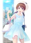  1girl :d alternate_costume bag bangs blue_dress brown_eyes brown_hair cowboy_shot dress handbag hat kantai_collection looking_at_viewer low_twintails map_(blue_catty) open_mouth parted_bangs shirayuki_(kantai_collection) shopping_bag short_twintails sleeveless sleeveless_dress smile solo straw_hat twintails 