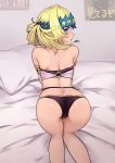  1girl all_fours armlet ass back bangs bare_shoulders black_panties blonde_hair blue_eyes blush breasts diadem fate/grand_order fate_(series) gyukaku400 halter_top halterneck highres looking_at_viewer looking_back medium_hair o-ring on_bed panties parted_lips pillow pollux_(fate/grand_order) small_breasts thighs underwear 