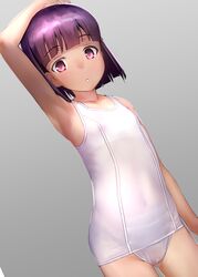  1girl arm_up armpits bangs bare_arms blunt_bangs child covered_navel eyebrows_visible_through_hair flat_chest highres looking_at_viewer one-piece_swimsuit original parted_lips ribs sasayuki school_swimsuit short_hair simple_background solo swimsuit taut_clothes taut_swimsuit tight white_swimsuit 