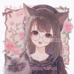  animal_ears bow brown_eyes brown_hair cat cat_ears cat_girl commentary commentary_request commission copyright_request flower glasses hair_bow hair_ribbon highres leaf maccha_(mochancc) open_mouth ribbon tagme 
