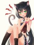  1girl angry animal_ear_fluff animal_ears bangs bare_arms bare_shoulders black_hair black_legwear blush breasts cat_ears cat_girl cat_tail commentary_request eyebrows_visible_through_hair fang frills green_eyes hair_between_eyes highres karyl_(princess_connect!) kneehighs long_hair looking_at_viewer low_twintails multicolored_hair open_mouth pink_ribbon princess_connect! princess_connect!_re:dive restrained ribbon simple_background skirt small_breasts solo streaked_hair tail thighs twintails very_long_hair white_background white_hair xiho_(suna) 
