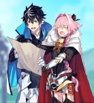  2boys armor astolfo_(fate) black_bow black_hair blue_cape bow braid cape charlemagne_(fate) cloak closed_eyes fang fate/apocrypha fate/extella fate/extella_link fate/extra fate_(series) fur_trim garter_straps gauntlets hair_intakes highres holding_map long_braid long_hair looking_at_map male_focus map multicolored_hair multiple_boys ono_matope open_mouth pink_hair pointing red_cloak short_hair single_braid skin_fang streaked_hair sweatdrop thigh-highs two-tone_hair white_cape white_cloak white_hair 
