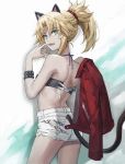  1girl animal_ears ass back bandeau bangs bare_shoulders blonde_hair braid breasts cat_ears cat_tail fate/apocrypha fate_(series) french_braid green_eyes hair_ornament hair_scrunchie highres jacket jacket_removed jewelry long_hair looking_at_viewer looking_back mordred_(fate) mordred_(fate)_(all) necklace open_mouth ponytail red_jacket red_scrunchie scrunchie shorts sidelocks simple_background small_breasts solo tail thighs tonee white_shorts 