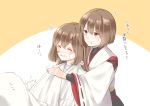  2girls bandaid bandaid_on_face black_skirt blush broken_arm brown_eyes brown_hair closed_eyes eyebrows_visible_through_hair hair_down hyuuga_(kantai_collection) ise_(kantai_collection) kantai_collection multiple_girls nontraditional_miko remodel_(kantai_collection) short_hair simple_background skin_tight skirt translation_request undershirt yuzu_(kimagure_kankitsurui) 