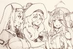  3girls ahoge aosa_(momikin) bangs beret breasts crossed_arms detached_sleeves double_bun eyebrows_visible_through_hair greyscale hair_between_eyes hat headgear japanese_clothes kantai_collection kongou_(kantai_collection) large_breasts long_hair long_sleeves mole mole_under_eye mole_under_mouth monochrome multiple_girls nelson_(kantai_collection) nontraditional_miko open_mouth richelieu_(kantai_collection) simple_background sparkle traditional_media 