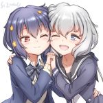  2girls ;d artist_name black_neckwear black_sailor_collar blue_eyes blue_hair blush bow bowtie closed_mouth eyebrows_visible_through_hair hair_between_eyes happy holding_hands interlocked_fingers konno_junko long_hair long_sleeves looking_at_another low_twintails mizuno_ai multiple_girls one_eye_closed open_mouth plaid plaid_neckwear red_eyes sailor_collar school_uniform short_hair simple_background smile studiozombie twintails white_background yuri zombie_land_saga 
