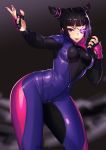  1girl :p bangs black_hair blunt_bangs bodysuit breasts contrapposto eyepatch fighting_stance fingerless_gloves fingernails glint gloves han_juri hands_up highres kagematsuri large_breasts looking_at_viewer one_eye_covered purple_nails smile solo street_fighter street_fighter_v tongue tongue_out violet_eyes 
