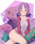  1girl bare_legs blush closed_mouth floral_background godekasu highres jitome long_sleeves looking_at_viewer low_twintails original panties pillow purple_background purple_hair purple_panties purple_theme raglan_sleeves shirt short_hair sitting sleeves_past_wrists solo star star_print stuffed_animal stuffed_toy teddy_bear twintails underwear violet_eyes 