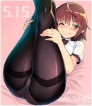  1girl ;) ass bangs black_legwear blush brown_eyes brown_hair commentary_request dated feet_out_of_frame highres legs_up looking_at_viewer lying no_hat no_headwear nose_blush on_back one_eye_closed pantyhose pink_background pointy_ears shameimaru_aya shirt short_hair short_sleeves smile solo taketora_suzume thighband_pantyhose thighs touhou white_shirt 