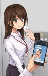  1girl blue_eyes blush breasts brown_hair cellphone commentary earrings elevator eyebrows_visible_through_hair highres id_card jewelry large_breasts lingerie long_hair looking_at_viewer mole mole_under_mouth office_lady original phone pov self_shot setu_kurokawa smartphone translated underwear 