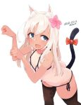  1girl alakoala animal_ear_fluff animal_ears ass bangs bare_arms bare_shoulders bikini black_legwear blue_eyes blush bow breasts brown_legwear cat_ears cat_girl cat_tail eyebrows_visible_through_hair fang flower hair_between_eyes hair_flower hair_ornament highres kantai_collection kemonomimi_mode long_hair looking_at_viewer one-piece_tan open_mouth paw_pose ribbon ro-500_(kantai_collection) side-tie_bikini simple_background small_breasts smile solo swimsuit symbol_commentary tail tail_bow tail_raised tan tanline thigh-highs 