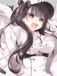  1girl arms_up azur_lane black_hair black_ribbon blush breasts buttons coat coat_dress eyebrows_visible_through_hair fang fur-trimmed_coat fur_trim grey_background hair_ornament hair_ribbon hat heart heart-shaped_pupils heart_in_eye highres large_breasts long_hair long_sleeves looking_at_viewer open_mouth padded_coat pamiat_merkuria_(azur_lane) ribbon russian_clothes satsujinki_x sidelocks skin_fang smile solo symbol-shaped_pupils symbol_in_eye under_boob violet_eyes white_coat white_headwear 
