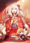  1girl blonde_hair blue_eyes character_doll fate/grand_order fate_(series) floral_print highres japanese_clothes kimono long_hair looking_at_viewer marie_antoinette_(fate/grand_order) no-kan open_mouth print_kimono red_kimono sash simple_background smile solo very_long_hair wide_sleeves 