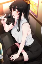  1girl absurdres akchu alcohol bangs bare_arms bare_shoulders beer_can black_hair black_legwear black_nails black_skirt blush bra_strap breasts brown_eyes can commentary_request from_above grey_shirt hair_between_eyes hair_ribbon hand_on_own_thigh high_ponytail highres holding holding_microphone karaoke large_breasts long_hair microphone miniskirt music open_mouth original poster_(object) ribbon shirt sidelocks singing sitting skirt sleeveless sleeveless_shirt table thigh-highs thighs 