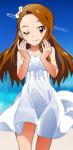  1girl ;) absurdres akizuki_ritchan beach blue_sky blurry blurry_background breasts brown_hair collarbone dress floating_hair highres idolmaster idolmaster_(classic) lens_flare long_hair minase_iori one_eye_closed panties red_eyes see-through_silhouette shiny shiny_hair short_dress sky sleeveless sleeveless_dress small_breasts smile solo standing sundress underwear very_long_hair white_dress white_panties 