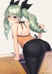  1girl anchovy_(girls_und_panzer) arm_support ass bangs bare_arms bare_shoulders black_ribbon blush brown_eyes casual closed_mouth denim drill_hair from_behind girls_und_panzer green_hair ground_vehicle hair_between_eyes hair_ribbon halter_top halterneck highres holding jeans kagematsuri leaning_forward long_hair looking_at_viewer looking_back military military_vehicle mole mole_under_eye motor_vehicle pants pocket ribbon simple_background smile solo tank twintails white_background 