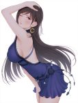  1girl arm_up armpits bangs bare_arms bare_shoulders black_hair breasts cowboy_shot crescent crescent_earrings dress earrings edogawa_roman final_fantasy final_fantasy_vii final_fantasy_vii_remake from_side hand_on_own_head highres jewelry large_breasts leaning_forward long_hair looking_at_viewer looking_to_the_side one_eye_closed parted_bangs parted_lips purple_dress red_eyes sideboob simple_background sleeveless sleeveless_dress solo straight_hair tifa_lockhart very_long_hair white_background 