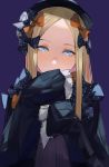  1girl abigail_williams_(fate/grand_order) bangs black_bow black_dress black_headwear blazpu blonde_hair blue_background blue_eyes bow breasts dress fate/grand_order fate_(series) forehead hair_bow hat highres long_hair multiple_bows orange_bow parted_bangs polka_dot polka_dot_bow ribbed_dress simple_background sleeves_past_fingers sleeves_past_wrists small_breasts 