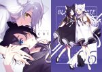  2girls :d animal animal_ears black_bow black_cat black_dress black_footwear black_neckwear black_vs_white blue_eyes bow bowtie cat cat_ears cat_girl cat_tail closed_mouth dress dress_lift eyebrows_visible_through_hair fang full_body hair_between_eyes hair_over_one_eye heterochromia high_heels long_hair looking_at_viewer lying multiple_girls multiple_views on_back open_mouth original parted_lips personification sailor_collar saine short_hair sidelocks skin_fang smile standing standing_on_one_leg tail white_bow white_cat white_dress white_footwear white_neckwear yellow_eyes 