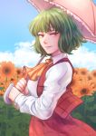  1girl ascot bangs blue_sky breasts clouds collared_shirt commentary_request cowboy_shot day eyebrows eyelashes field flower flower_field frilled_umbrella from_side garden_of_the_sun green_hair half-closed_eyes hands_up highres holding holding_umbrella kazami_yuuka large_breasts leaf lips long_skirt long_sleeves looking_away looking_to_the_side nose orange_eyes orange_flower outdoors parasol pink_lips plaid plaid_skirt plaid_vest plant realmokouze red_eyes red_skirt red_vest shirt short_hair signature skirt skirt_set sky smirk solo sunflower touhou tsurime umbrella vest watermark wavy_hair white_shirt wing_collar yellow_neckwear 