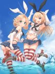  2girls armpits arms_up ass bangs black_neckwear black_panties blonde_hair blue_eyes blue_sailor_collar blue_skirt blue_sky blush breasts bunny_pose clouds collarbone cosplay crop_top day elbow_gloves gloves groin hair_ribbon hairband highleg highleg_panties highres janus_(kantai_collection) jervis_(kantai_collection) k_jie kantai_collection long_hair looking_at_viewer microskirt midriff miniskirt multiple_girls navel neckerchief ocean one_eye_closed open_mouth outdoors panties pleated_skirt ribbon sailor_collar school_uniform serafuku shimakaze_(kantai_collection) shimakaze_(kantai_collection)_(cosplay) short_hair skirt sky sleeveless small_breasts smile striped striped_legwear symbol_commentary thigh-highs underwear upper_teeth water white_gloves 