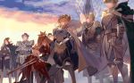  3girls 4boys agravain_(fate/grand_order) armor armored_boots armored_dress artoria_pendragon_(all) artoria_pendragon_(lancer) back bedivere belt black_cape black_gloves black_legwear blonde_hair blue_cape blue_dress boots bow braid breastplate brown_hair cape clenched_hand closed_eyes clouds cloudy_sky crossed_arms crown detached_sleeves dress fate/apocrypha fate/extra fate/grand_order fate_(series) french_braid full_armor fur-trimmed_cape fur_trim gauntlets gloves grey_hair hair_ornament hair_scrunchie kawacy knight lancelot_(fate/grand_order) long_hair md5_mismatch mordred_(fate) mordred_(fate)_(all) mother_and_daughter multiple_boys multiple_girls one_knee outdoors pauldrons ponytail red_bow red_scrunchie red_skirt ribbon scrunchie shoulder_plates sidelocks skirt sky standing sword thigh-highs tristan_(fate/grand_order) v-shaped_eyebrows vambraces weapon 