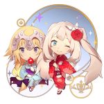  2girls alternate_costume blonde_hair blue_dress blue_ribbon braid chibi dress eyebrows_visible_through_hair fate/apocrypha fate/grand_order fate_(series) flower hair_flower hair_ornament japanese_clothes jeanne_d&#039;arc_(fate) jeanne_d&#039;arc_(fate)_(all) long_hair long_sleeves marie_antoinette_(fate/grand_order) multiple_girls no-kan one_eye_closed open_mouth puffy_sleeves red_flower red_rose ribbon rose sandals silver_hair smile violet_eyes 