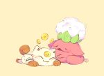  beta_pokemon cat closed_mouth commentary english_commentary facing_viewer forestimps happy koonya_(baby_meowth) lying on_stomach pokemon pokemon_(game) pokemon_gsc pokemon_gsc_beta prototype signature simple_background sleeping smile wataneko_(jumpluff) yellow_background 