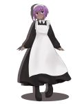  1girl alternate_costume apron bangs black_dress black_footwear blush boots closed_mouth dark_skin dress drop_shadow enmaided eyebrows_visible_through_hair fate/prototype fate/prototype:_fragments_of_blue_and_silver fate_(series) frilled_apron frills full_body hair_between_eyes hassan_of_serenity_(fate) head_tilt highres i.u.y long_sleeves looking_at_viewer maid maid_apron maid_headdress puffy_long_sleeves puffy_sleeves purple_hair solo standing sweat violet_eyes white_apron white_background 
