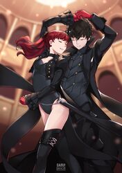  amamiya_ren bangs black_coat black_hair blunt_bangs closed_eyes coat dancing daruo_0 gloves hair_ribbon highres holding_hands persona persona_5 persona_5_the_royal ponytail red_gloves redhead ribbon smile thigh-highs thighs yoshizawa_kasumi 