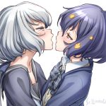  2girls after_kiss artist_name black_sailor_collar blue_eyes blue_hair eye_contact eyebrows_visible_through_hair konno_junko long_hair looking_at_another low_twintails mizuno_ai multiple_girls open_mouth red_eyes sailor_collar saliva saliva_trail school_uniform short_hair simple_background studiozombie twintails upper_body white_background yuri zombie_land_saga 