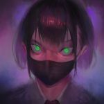  1girl black_hair collared_shirt covered_mouth eyelashes godekasu green_eyes grey_shirt highres limited_palette looking_at_viewer mask mouth_mask necktie original portrait purple_background red_neckwear shirt short_hair solo wide-eyed wing_collar 
