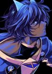  1boy alternate_eye_color arjuna_alter bangs black_background black_hair close-up dark_skin dark_skinned_male face fate/grand_order fate_(series) hair_between_eyes hair_over_one_eye highres horns looking_at_viewer male_focus one_eye_covered open_mouth sho_480 short_hair simple_background sketch solo upper_body 