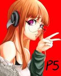  1girl absurdres brown_hair collarbone copyright_name glasses headphones highres long_hair long_sleeves looking_at_viewer parted_lips persona persona_5 pink_eyes red_background rimless_eyewear round_eyewear sakura_futaba saventer1 solo upper_body v 