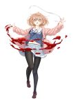  1girl absurdres black_legwear blonde_hair blood blue_ribbon blue_shirt blue_skirt brown_footwear cardigan collared_shirt floating_hair full_body glasses highres kercerberus kuriyama_mirai kyoukai_no_kanata long_hair long_sleeves looking_at_viewer midriff miniskirt navel neck_ribbon open_cardigan open_clothes open_mouth pantyhose pink_cardigan pleated_skirt red-framed_eyewear ribbon sailor_collar sailor_shirt school_uniform shiny shiny_hair shirt simple_background skirt solo stomach white_background white_shirt yellow_eyes 