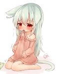  1girl animal_ears bare_shoulders belly_rub blush cat_ears cat_tail commentary_request long_hair mouth_hold no_pants off_shoulder original pink_sweater red_eyes silver_hair simple_background sitting solo sunapua sweater tail tears white_background 